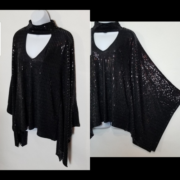 Sequin Poncho Style Top With Batwing Sleeves - Picture 6 of 7